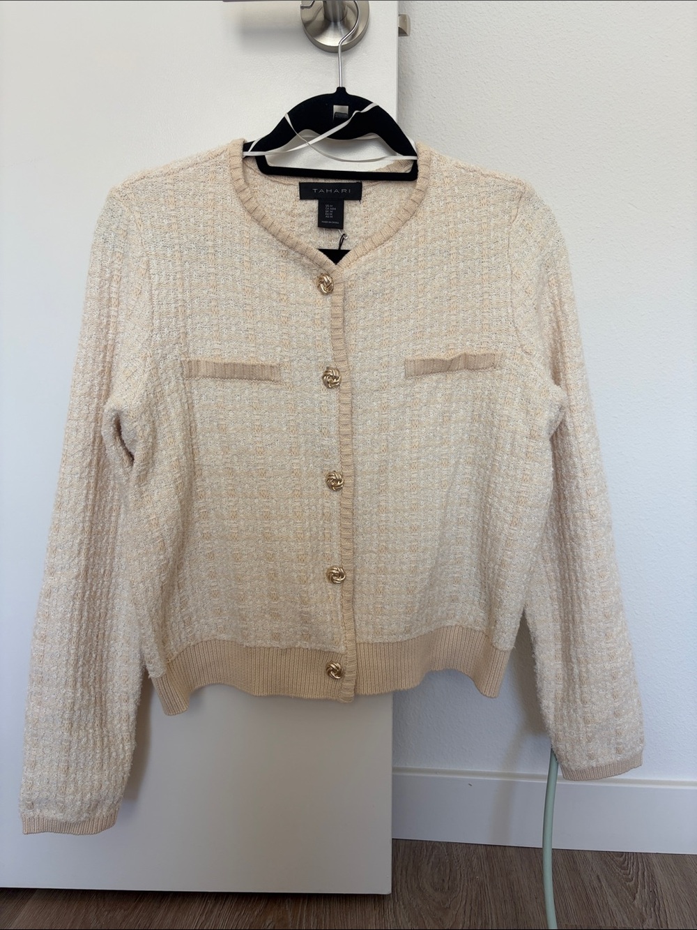 Tahari Cream Bouclé Cardigan with Gold Buttons